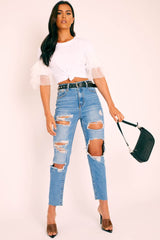 White Tulle Ruffle Sleeve T-shirt - Blythe