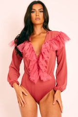 Rose Tulle Ruffle Plunge Bodysuit - Jolie