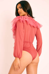Rose Tulle Ruffle Plunge Bodysuit - Jolie