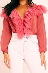 Rose Tulle Ruffle Plunge Bodysuit - Jolie