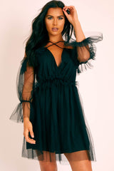 Black Plunge Tulle Ruffle Cross Back Dress - Aerial