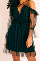 Black Plunge Tulle Ruffle Cross Back Dress - Aerial