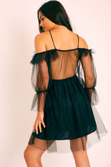 Black Plunge Tulle Ruffle Cross Back Dress - Aerial
