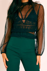 Black Polka Mesh Long Sleeve High Neck Blouse - Gyselle