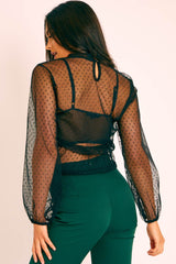 Black Polka Mesh Long Sleeve High Neck Blouse - Gyselle