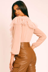 Nude Tulle Ruffle Plunge Bodysuit - Jolie