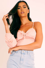 Light Pink Satin Tie Detail One Sleeve Crop Top - Joni
