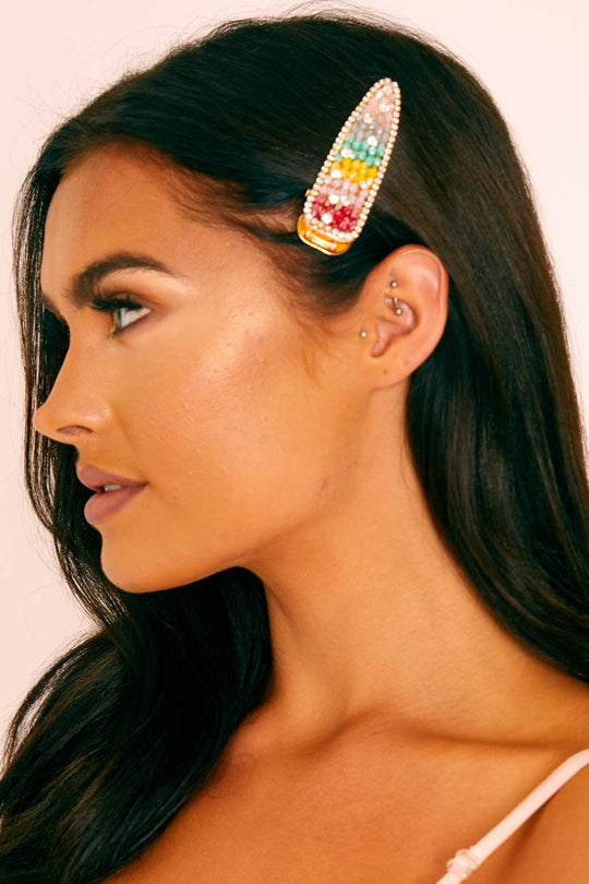 Gold Rainbow Diamante Hair Clip - Makari