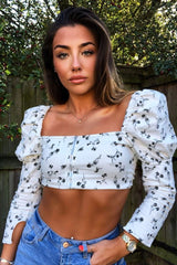 White Black Floral Puff Sleeve Zip Back Crop Top - Carie