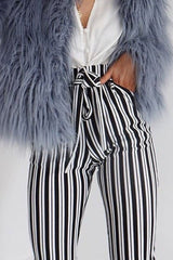 Black Stripe Paper Bag Tie Waist Cigarette Trousers - Shaya
