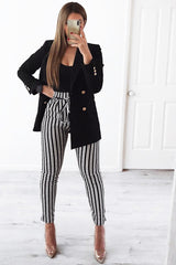 Black Stripe Paper Bag Tie Waist Cigarette Trousers - Shaya