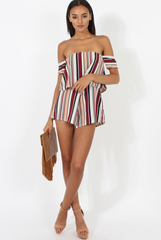 Burgundy & White Striped Bardot Playsuit - Shayna