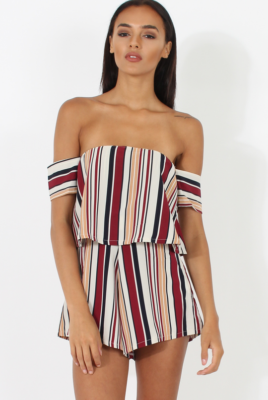 Burgundy & White Striped Bardot Playsuit - Shayna