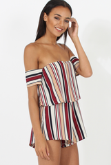 Burgundy & White Striped Bardot Playsuit - Shayna