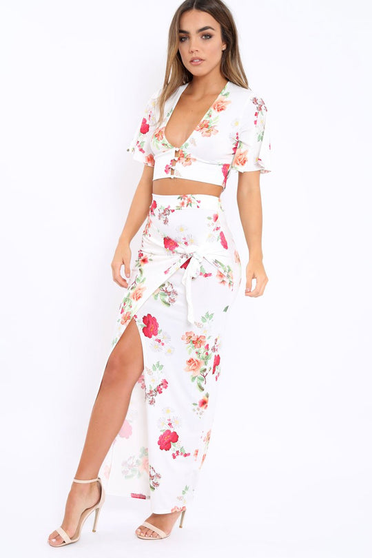 White Floral Print Split Maxi Skirt- Shayna