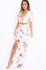 White Floral Print Split Maxi Skirt- Shayna