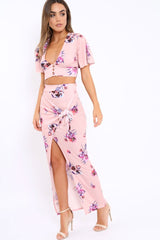 Pink Floral Print Split Maxi Skirt- Shayna