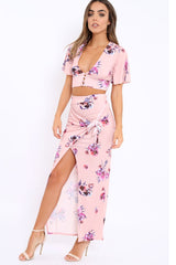 Pink Floral Print Split Maxi Skirt- Shayna