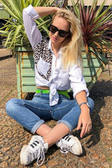 White Leopard Print Insert Button Down Shirt - Shelby