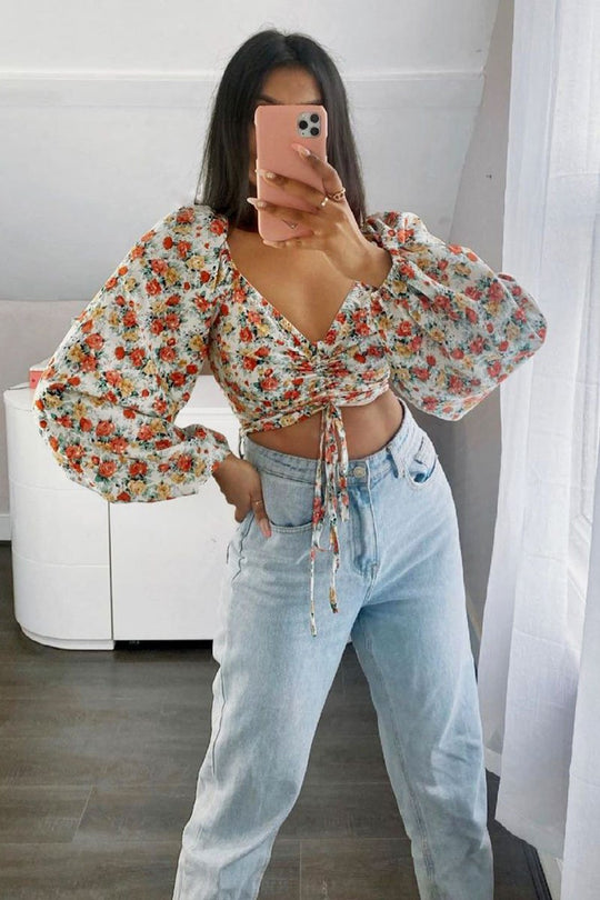 Red Floral Ruched Centre Bardot Crop Top - Heily