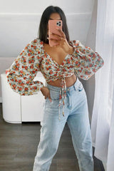 Red Floral Ruched Centre Bardot Crop Top - Heily
