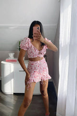 Pink Floral Print Crop Top + Frill Skirt Set - Abryana