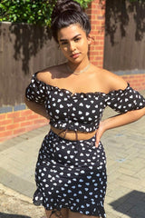 Black White Ruched Frill Heart Print Crop Top and Skirt Co-ord - Skyelar