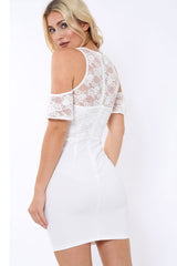 White Lace Bodycon Dress with Cold Shoulder - Sheila