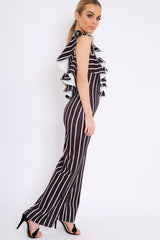 Black Striped One Shoulder Ruffle Jumpsuit - Shelley