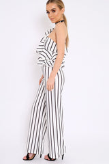 White Striped One Shoulder Ruffle Jumpsuit - Shelley