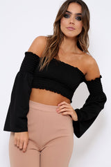 Black Bardot Shirred Crop Top with Flared Sleeves - Shera