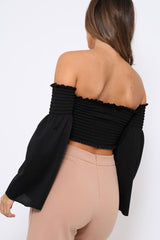 Black Bardot Shirred Crop Top with Flared Sleeves - Shera
