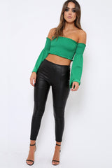 Green Bardot Shirred Crop Top with Flared Sleeves - Shera