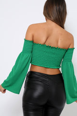 Green Bardot Shirred Crop Top with Flared Sleeves - Shera