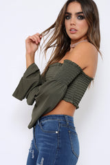 Khaki Bardot Shirred Crop Top with Flared Sleeves - Shera