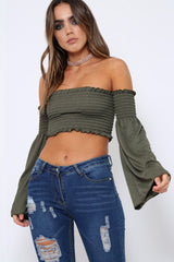 Khaki Bardot Shirred Crop Top with Flared Sleeves - Shera