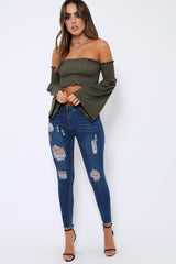 Khaki Bardot Shirred Crop Top with Flared Sleeves - Shera