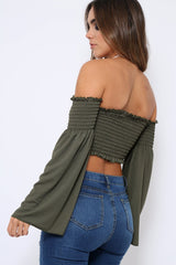 Khaki Bardot Shirred Crop Top with Flared Sleeves - Shera