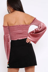 Mauve Velvet Bardot Shirred Crop Top with Flared Sleeves - Shera