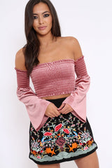 Mauve Velvet Bardot Shirred Crop Top with Flared Sleeves - Shera