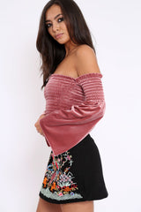 Mauve Velvet Bardot Shirred Crop Top with Flared Sleeves - Shera
