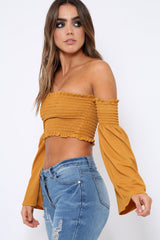 Mustard Bardot Shirred Crop Top with Flared Sleeves - Shera