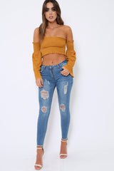 Mustard Bardot Shirred Crop Top with Flared Sleeves - Shera
