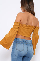 Mustard Bardot Shirred Crop Top with Flared Sleeves - Shera