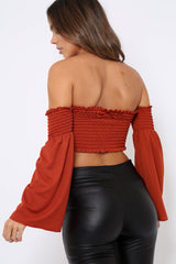 Rust Bardot Shirred Crop Top with Flared Sleeves - Shera