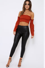 Rust Bardot Shirred Crop Top with Flared Sleeves - Shera