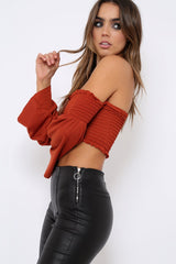 Rust Bardot Shirred Crop Top with Flared Sleeves - Shera