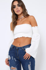 White Bardot Shirred Crop Top with Flared Sleeves - Shera