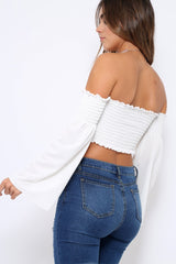 White Bardot Shirred Crop Top with Flared Sleeves - Shera