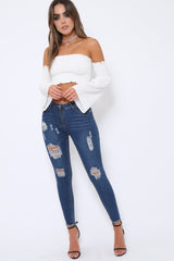 White Bardot Shirred Crop Top with Flared Sleeves - Shera